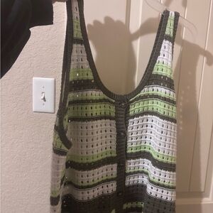 a.n.a Striped Crochet Tank Top - Green, White & Gray